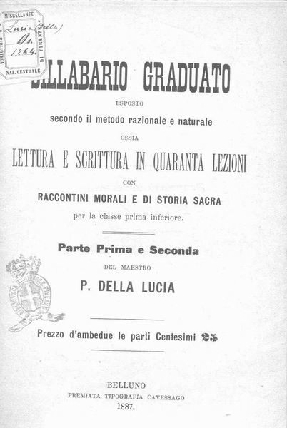 le immagini di:
Sillabario graduato esposto secondo il metodo razionale e naturale, ossia Lettura e scrittura in Quaranta Lezioni, con raccontini morali e di storia sacra per la classe 1 Inferiore